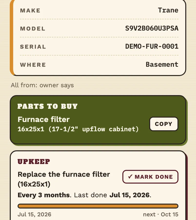 Plumworth's furnace page: make, model and serial, the filter to buy, and the upkeep with its next date